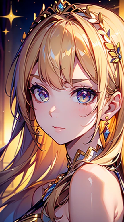 ((best quality)), ((masterpiece)), (detailed), perfect face, ((Best quality, 8k, Masterpiece: 1.3)), Sharp focus A beautiful woman, Highly detailed face and skin texture, Detailed eyes, Double eyelid, blonde hair, bangs, hime cut, crystal hair, big hair, shiny hair, tiara, gradient eyes, crystal earrings, serious, sparkle, reflection light, Greek mythology goddess, Artemis, lake, laurel wreath, ((silk dress, rich drapes)), glitter, bejeweled, back