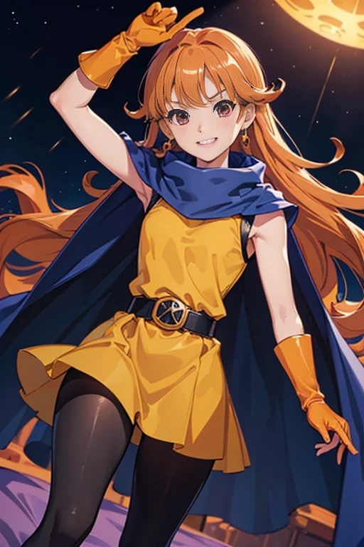 1 girl、High resolution、masterpiece、(Arena - DQ4、DQ4-Arena、Orange straight hair)、Grin、low length、thin太もも、thin脚、Small shoulders、thin、Muscular、(Bedroom)、(Have、dress、Cape、belt、gloves、black tights)、Night Grassland