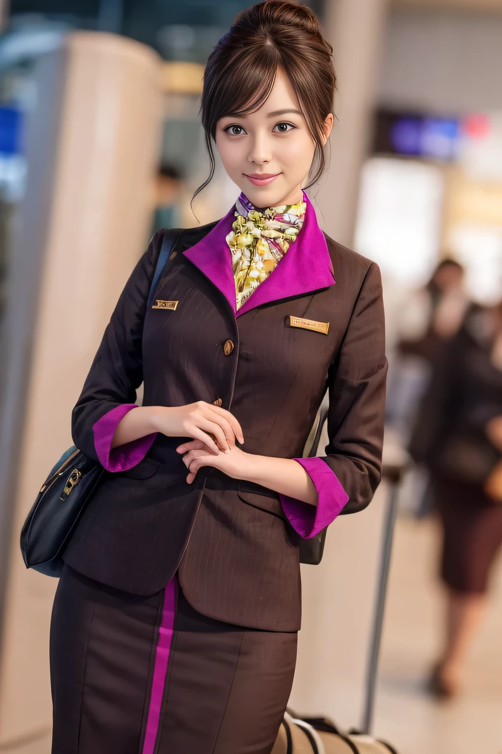 (masterpiece:1.2、highest quality:1.2)、32K HDR、High resolution、(alone、1 girl、Slim figure)、（A realistic reproduction of the ETIHAD Airways Cabincrew Uniform）、 (At the airport counter, Professional Lighting)、A proper woman, Beautiful Face,、（Long sleeve ETIHAD Airways Cabincrew Uniform）、（ETIHAD Airways Cabincrew Uniform skirt with purple stripe on the front）、（scarf on chest）、Big Breasts、（Long Hair Up、Hair Bun）、Dark brown hair、Long Shot、（（Great hands：2.0））、（（Harmonious body proportions：1.5））、（（Normal limbs：2.0））、（（Normal finger：2.0））、（（Delicate eyes：2.0））、（（Normal eyes：2.0））)、Beautiful standing posture、smile