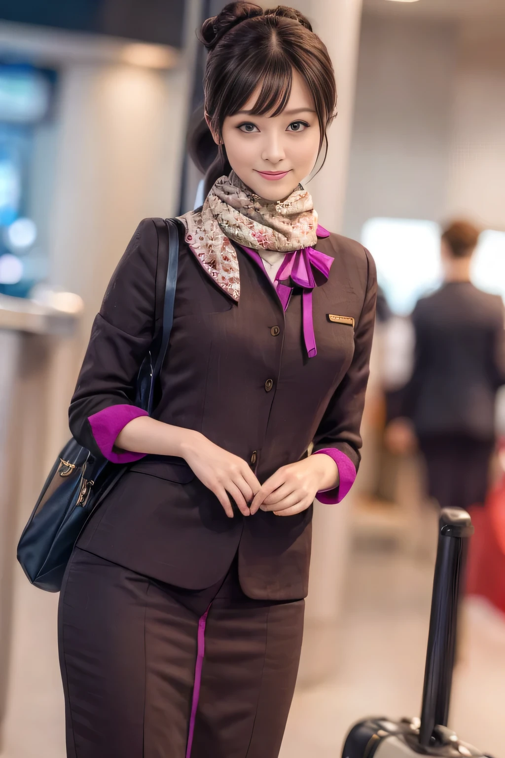 (傑作:1.2、最高品質:1.2)、32K HDR、高解像度、(一人で、女の子1人、スリムな体型)、（エティハド航空客室乗務員の制服をリアルに再現）、 (空港カウンターにて, プロフェッショナル照明)、きちんとした女性, 美しい顔,、（長袖エティハド航空客室乗務員制服）、（エティハド航空客室乗務員の制服、前面に紫のストライプが入ったスカート）、（胸にスカーフ）、巨乳、（ロングヘアー、ヘアバン）、濃い茶色の髪、ロングショット、（（素晴らしい手：2.0））、（（調和のとれたボディプロポーション：1.5））、（（正常な四肢：2.0））、（（通常の指：2.0））、（（繊細な目：2.0））、（（正常な目：2.0））)、美しい立ち姿勢、笑顔