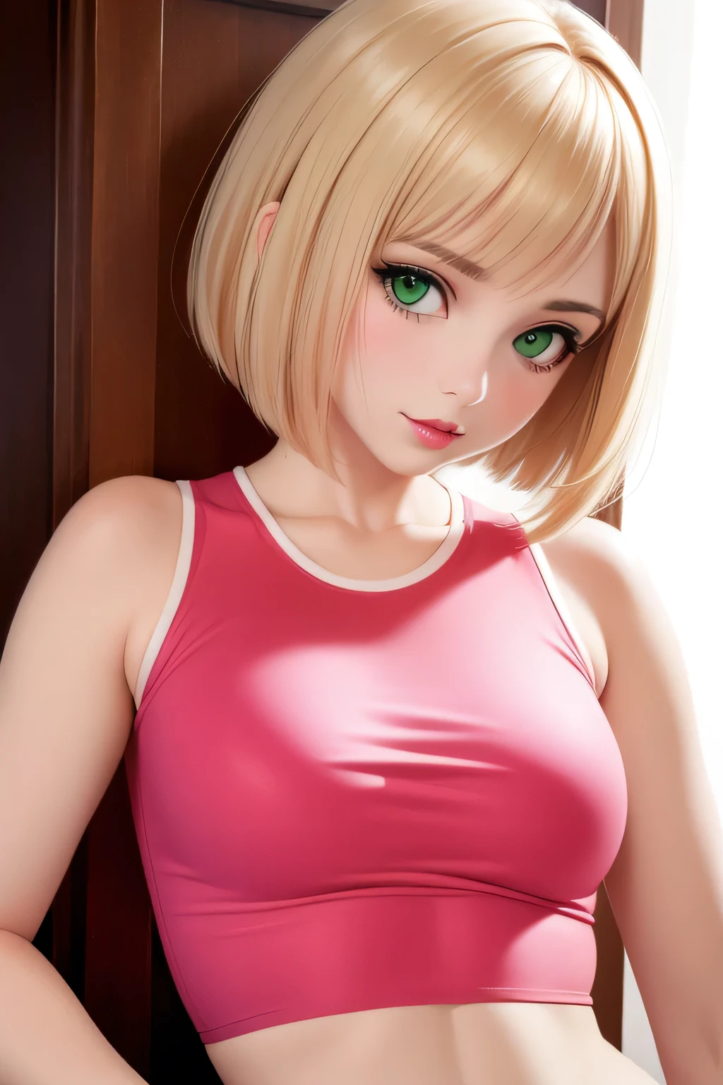 (best quality,4k,8k,highres,masterpiece:1.2),ultra-detailed,(realistic,photorealistic,photo-realistic:1.37),portrait,sexy woman,beautiful face,blonde hair,short bob hairstyle,seductive gaze,green eyes,pale skin turning pink,beautiful pink lips parted,sleeveless tight red crop top,denim short shorts