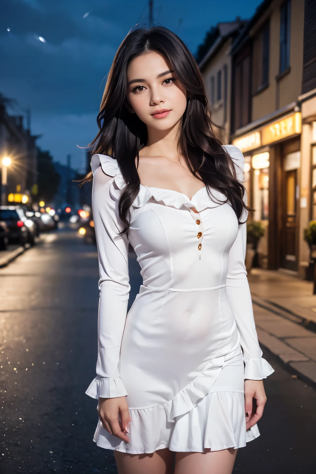 masterpiece, highest quality, 8k high quality photo, cinematic lighting, deep shadow, 1girl, gorgeous face, fearless smile, smooth soft parl skin, light-blown medium wavy hair, looking into camera, (standing on european street), model posing, front view,((cowboy shot)), (long sleeves frilled dress:1.2), at late night, ((night:1.5))