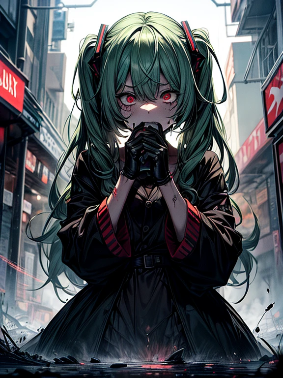 Ahegao、miku hatsune、grüne Haare、Schwarzes Kleid、Very fellow hutausendid characters, rote Augen, Sie ist verrückt, nussig, Grusel, hat Angst, hat Angst, Schockwert, sehr teuflisch, Hervorrufung, Terrorismus, Terrorismus, Terrorismus, verrotten, Gefühl des Ekels, She is a Psychopath, trübe, extrem blass, paler, verfilzt,, erscheinen, schrecklich, Krankheit, Hintergrund Ruinen, Blut, blutig_tausend, Yui, Ganzkörper Esbian, (Unordentlich_lang_trübe_Haar), Bosseler, Böse Augen, Helles Auge, Psychopath,