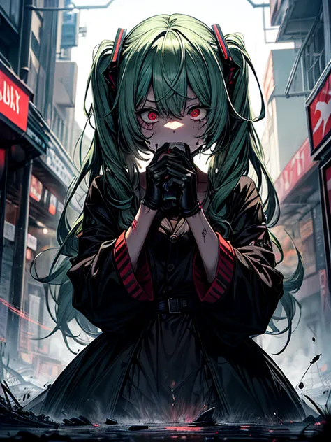 Ahegao、miku hatsune、Green hair、Black Dress、Very fellow humanoid characters, red eyes, She's crazy, nutty, horor, is scared, is s...