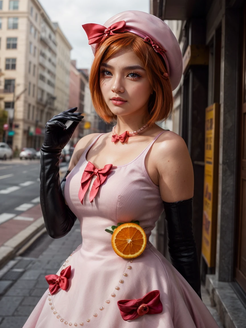 (1 lady), The beautiful, (Best quality at best:1.4), (ultra - detailed), (extremely detailed CG unified 16k), orange redhair, very detailed, High-definition RAW color photo, professional photoshooting, amazing face and eyes, cosmetics, (amazingly beautiful girl), ((lambdadelta, tall woman, taller)), ((dress, red bow, pink hat, necklace, gloves, pearl, pink dress)), standing, realistic cinematic face, photo portrait, upper body (shoulders to head), photorealistic, ((realistic natural orange redhair style, red eyes)), gorgeous, extremely beautiful face, perfect model beauty, pout mouth, flirting smile, cleavages, city girl, western, (masterpiece), best quality, high resolution, extremely detailed, blurred background, depth of field, cinematic lighting, clear and well-cared skin