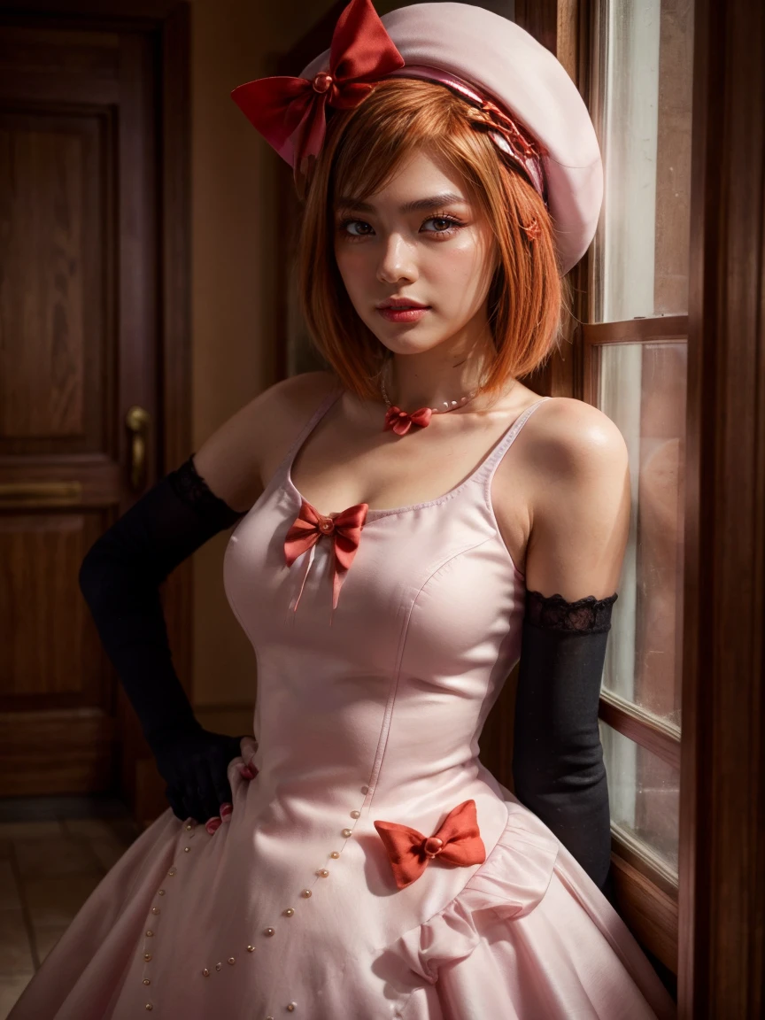 (1 lady), The beautiful, (Best quality at best:1.4), (ultra - detailed), (extremely detailed CG unified 16k), orange redhair, very detailed, High-definition RAW color photo, professional photoshooting, amazing face and eyes, cosmetics, (amazingly beautiful girl), ((lambdadelta, tall woman, taller)), ((dress, red bow, pink hat, necklace, gloves, pearl, pink dress)), standing, realistic cinematic face, photo portrait, upper body (shoulders to head), photorealistic, ((realistic natural orange redhair style, red eyes)), gorgeous, extremely beautiful face, perfect model beauty, pout mouth, flirting smile, cleavages, city girl, western, (masterpiece), best quality, high resolution, extremely detailed, blurred background, depth of field, cinematic lighting, clear and well-cared skin