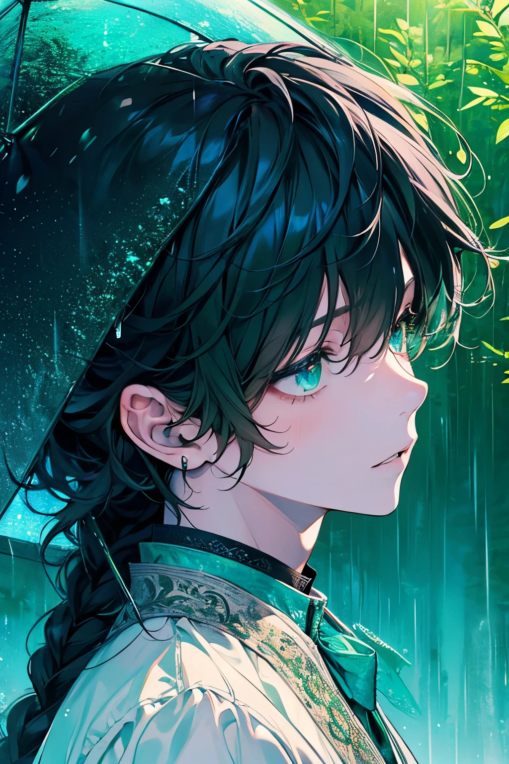 ((A man:1.2)),tazune rirei, masterpiece, best quality, braid hair, black hair, face close-up, (portrait), shiny aqua eyes, white formal dress, rainy, green forest, bokeh, outdoors, embarrassed, looking side, from side, (close mouth), perfect hands