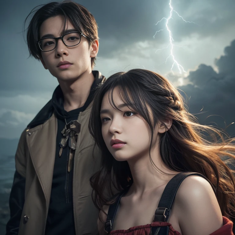 1. Scene description: - Couple Photos、Boy and girl standing back to back、（A boy with glasses and a girl in cyberpunk fashion） - Detailed facial features of boys: The boy wears glasses、pronounced nose、Natural wavy short hair、 Detailed facial features of the girl: Beautiful and detailed eyes、beautiful and dense lips、Gray hair colored in a light purple gradient_She has long hair that is as long as her height, tied in a braid - Additional details: Long eyelashes、Gentle smile、Confident posture、 (Very detailed目と顔、Long eyelashes) 2.material: ·An illustration：Characters are depicted by hand.、 - Media: High resolutionのデジタル イラスト、 - Artistic style: Combining elements of dark fantasy and traditional Japanese art、 3. Scene details: - background: Strange clouds gather and lightning flashes、 - Lighting: Dramatic lighting casts shadows、Illuminates the character&#39;s facial features、 -atmosphere: Mysterious and fascinating、Full of expectations、 4.image quality: - highest quality、High resolution：（highest quality、High resolution） - Super detailed：（Super detailed） - Realisticなスタイル: (Realistic) - Bright colors：（Bright colors） 5. Color Palette: - Main color: Girl&#39;s clothing black、Silverの色合い、White and light purple shades in the girl&#39;s hair、Boys clothing yellow、Shades of black、・Suspicious Sky: Silvery purple and pink、 6. Overall prompt: Boy and girl standing back to back、 The girl has long hair as tall as herself, braided in twos.、(Wearing a revealing cyberpunk outfit:1.4)、A girl with beautiful eyes and lips、 Boys are slightly shorter than girls、Wearing a yellow yacht parka with a black lining and camouflage cargo pants、Wear black-rimmed glasses、sneakers、 The background is otherscape、雰囲気はMysterious and fascinating、Full of expectations、lightning、画像はhighest quality、High resolution、Very detailed、Photorealistic style、Color Paletteには、The character&#39;s costume is black、gray、Silver、Contains a light purple hue、The sky contains deep blues and purples with a hint of lilac、