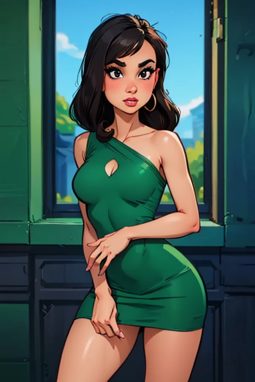 8K, sexytoon, mulher, Olhos castanhos, cabelo preto na altura dos ombros, nariz empinado, lábios carnudos, corpo atlético, Vestindo um vestido verde musgo, apertado ao corpo, Posando sexy para tirar uma foto