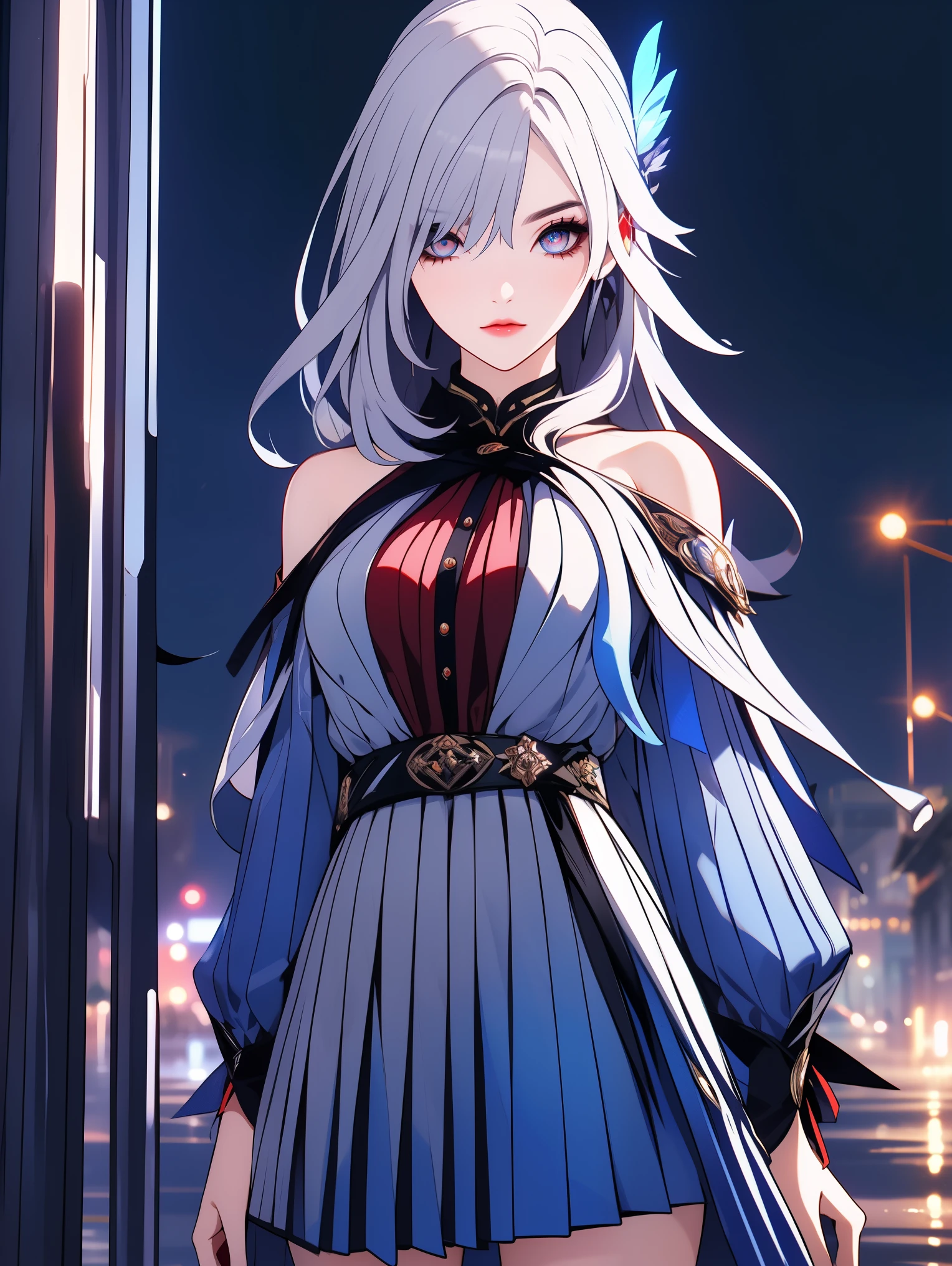 SkirkGI, red eyes, long hair, white hair, blue hair, hair ornament,
BREAK ((shirt, long sleeves, dress, ribbon, white shirt, collared shirt, belt, neck ribbon, red dress, blue ribbon, pleated dress, grey dress:1.5))
BREAK view from below, morning city, street,
BREAK (masterpiece:1.2), best quality, high resolution, unity 8k wallpaper, (illustration:0.8), (beautiful detailed eyes:1.6), extremely detailed face, perfect lighting, extremely detailed CG, (perfect hands, perfect anatomy),