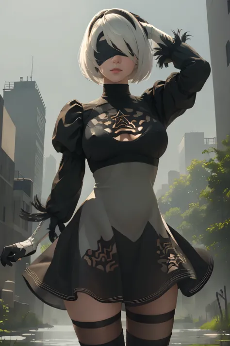 (masterpiece, best quality, detailed:1.4), 2b nier automata, 1girl, yorha no. 2 type b, solo, bob cut, white hair, parted lips, ...