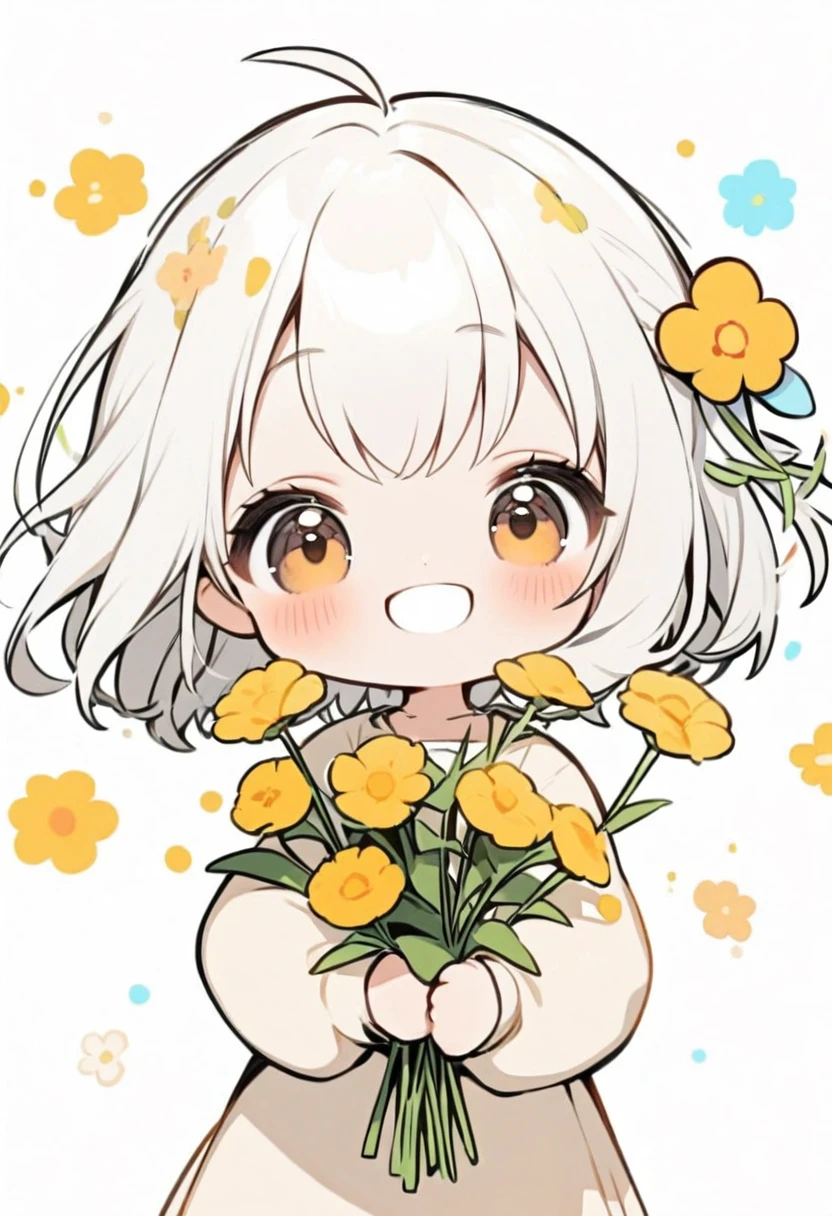 ((cute, chibi)) 1girl, solo, girl holding flowers, big smile, facing viewer, ((no background, plain white))