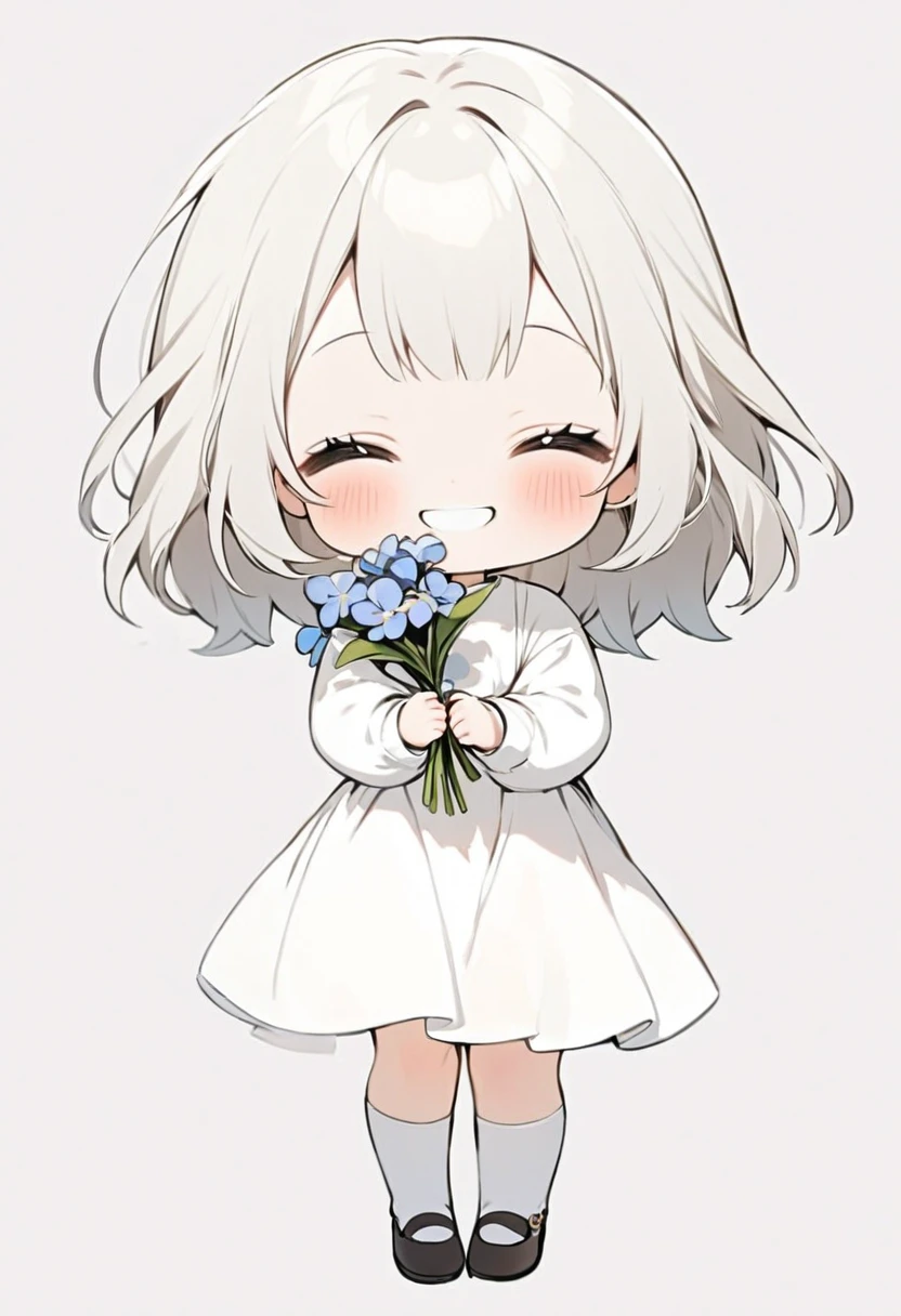 ((cute, chibi)) 1girl, solo, girl holding flowers, big smile, facing viewer, ((no background, plain white))