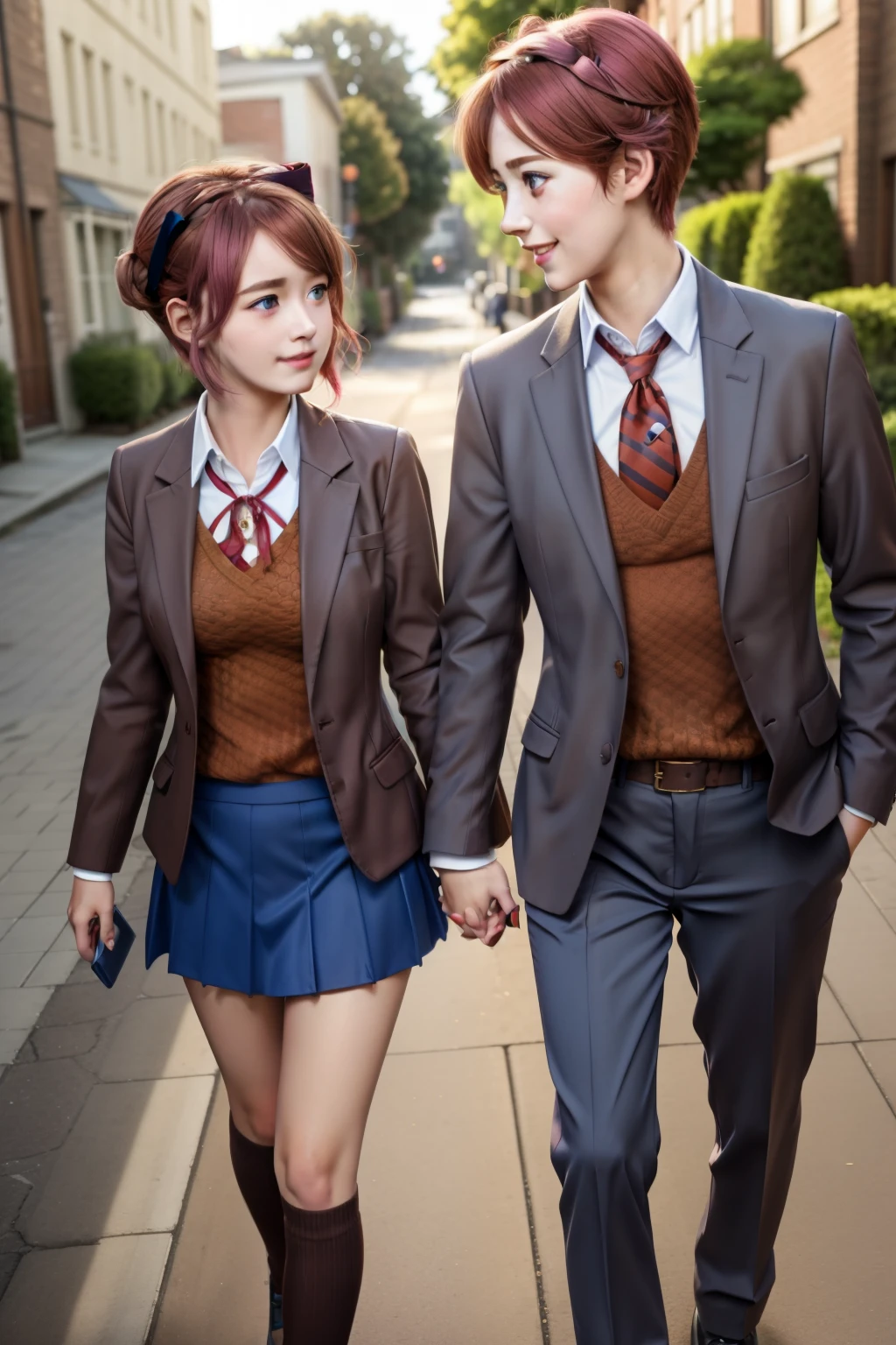 masterpiece, best quality, realistic, 2others, couple, 1man with 1woman, Height difference, happy, love, smile, 1 boy, highschool boy, brown hair, brown eyes, , blazer, brown sweater, collared shirt, neck tie, blue trousers, 1 girl, highschool girl, sayori, blue eyes, pink hair, hair bow, red bow, , blazer, brown sweater, collared shirt, neck ribbon, blue skirt,  street, holding hands, standing, fullbody, day, sunlight