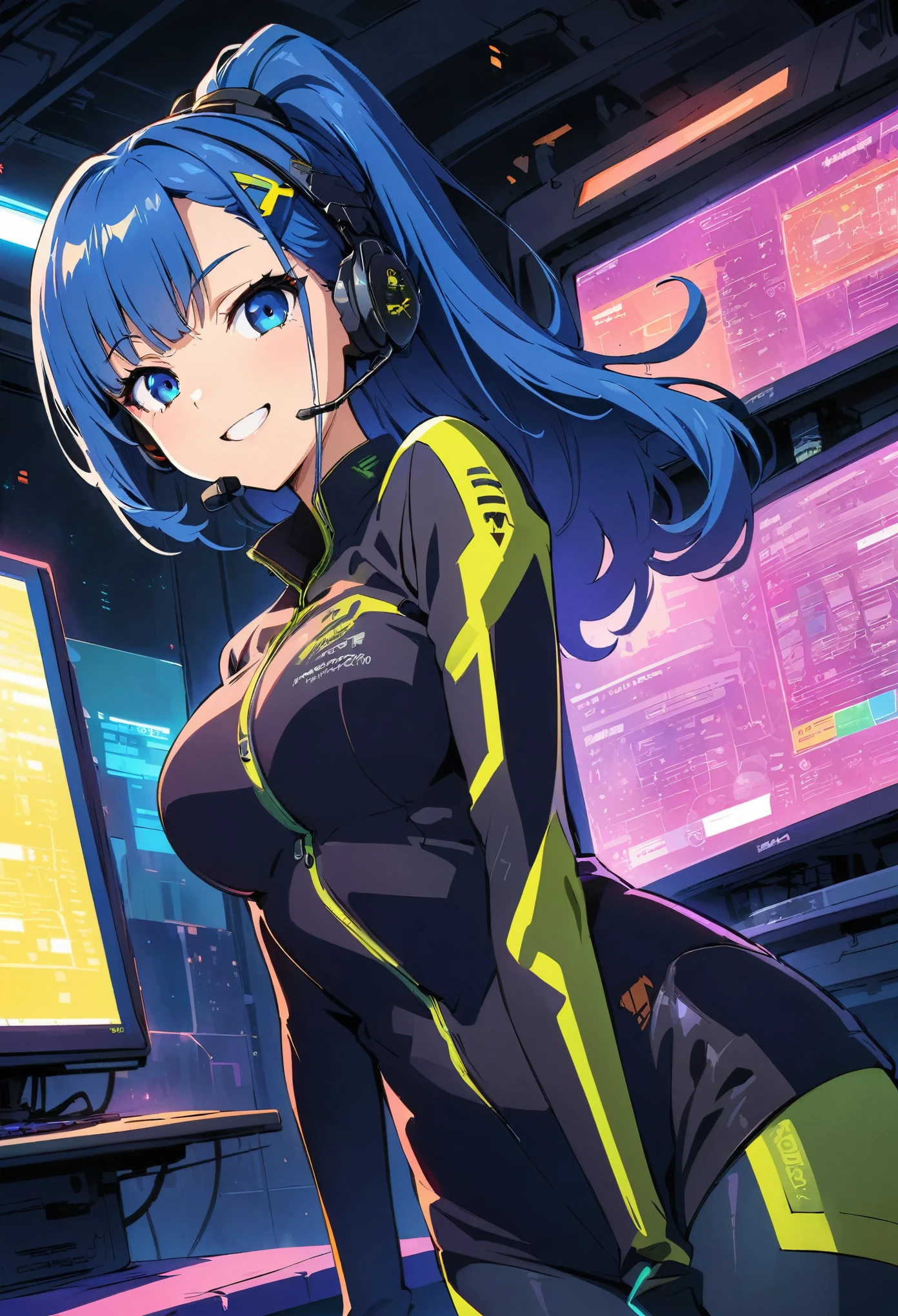 (highest quality:1.2, Very detailed, Anime Style, Digital Painting, Studio Anime, Ultra-high resolution, High Contrast, masterpiece:1.2, highest quality, Best aesthetics), 1 female, Neon City, Pink-haired woman sitting on a chair in the Operation Room, Long Hair, ponytail, cyberpunk anime, cyberpunk animeの女の子, Bodysuits, Casual wear, Neon Effect, Cyber City, headset, sunglasses, Detailed communication equipment, Operation Room, Complex communication network, As shown on the display々Information, Woman Turning Around, smile, Bright color palette, Studio Lighting, Wide-angle lens.