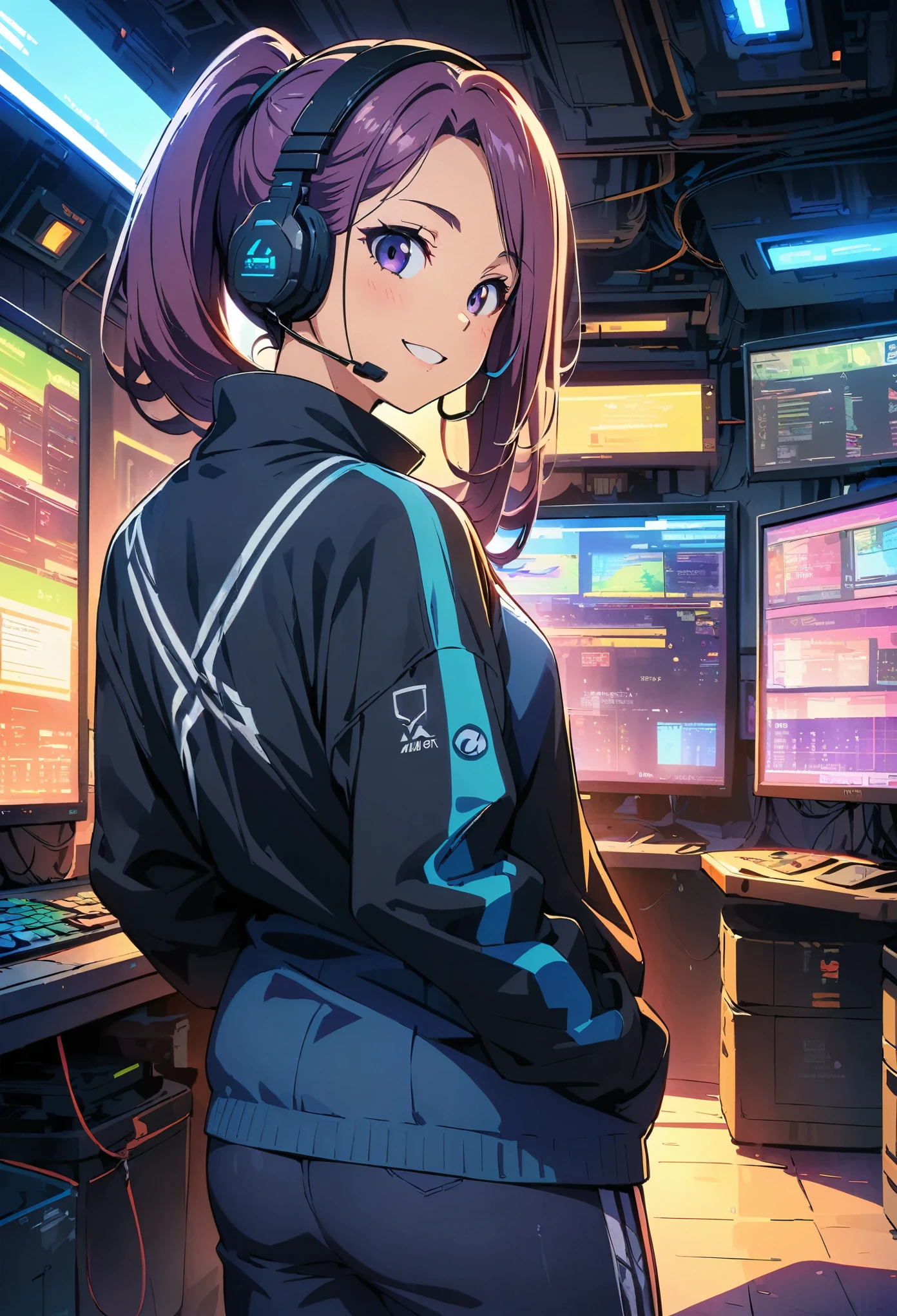 (highest quality:1.2, Very detailed, Anime Style, Digital Painting, Studio Anime, Ultra-high resolution, High Contrast, masterpiece:1.2, highest quality, Best aesthetics), 1 female, Neon City, Operation Roomの椅子に座っているピンク髪の女性, Long Hair, ponytail, Cyberpunk Anime, Cyberpunk Animeの女の子, Bodysuits, Casual wear, Neon Effect, Cyber City, headset, goggles, Detailed communication equipment, Operation Room, Complex communication network, As shown on the display々Information, Woman Turning Around, smile, Bright color palette, Studio Lighting, Wide-angle lens.