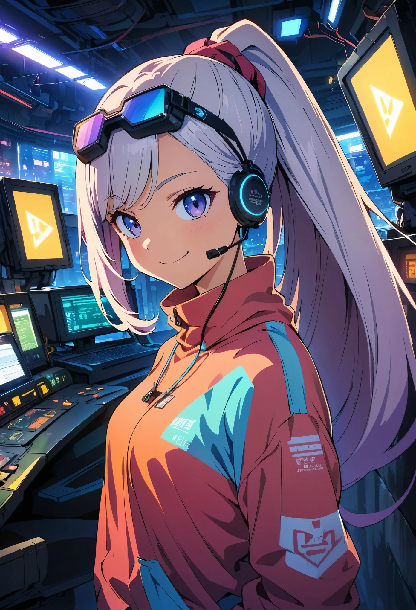 (highest quality:1.2, Very detailed, Anime Style, Digital Painting, Studio Anime, Ultra-high resolution, High Contrast, masterpiece:1.2, highest quality, Best aesthetics), 1 female, Neon City, Pink-haired woman sitting on a chair in the Operation Room, Long Hair, ponytail, cyberpunk anime, cyberpunk animeの女の子, Bodysuits, Casual wear, Neon Effect, Cyber City, headset, goggles, Detailed communication equipment, Operation Room, Complex communication network, As shown on the display々Information, Woman Turning Around, smile, Bright color palette, Studio Lighting, Wide-angle lens.