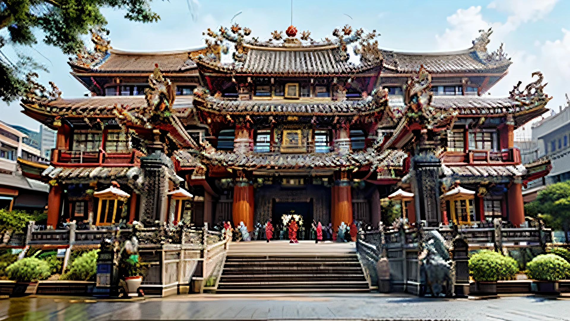 best quality, masterpiece, (((building))), photorealistic, big ornate Taiwanese temple paifang, taiwanese_temple
