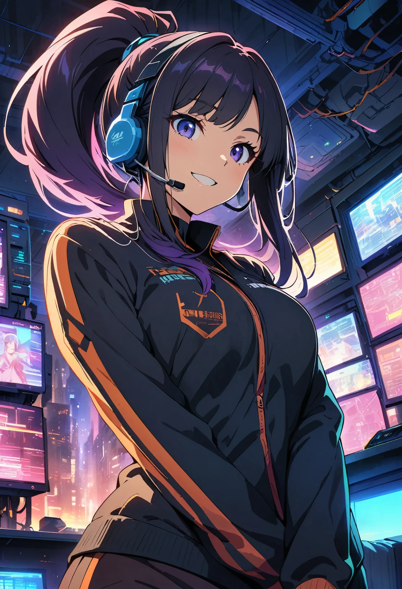 (highest quality:1.2, Very detailed, Anime Style, Digital Painting, Studio Anime, Ultra-high resolution, High Contrast, masterpiece:1.2, highest quality, Best aesthetics), 1 female, Neon City, Pink-haired woman sitting on a chair in the Operation Room, Long Hair, ponytail, cyberpunk anime, cyberpunk animeの女の子, Bodysuits, Casual wear, Neon Effect, Cyber City, headset, goggles, Detailed communication equipment, Operation Room, Complex communication network, As shown on the display々Information, Woman Turning Around, smile, Bright color palette, Studio Lighting, Wide-angle lens.