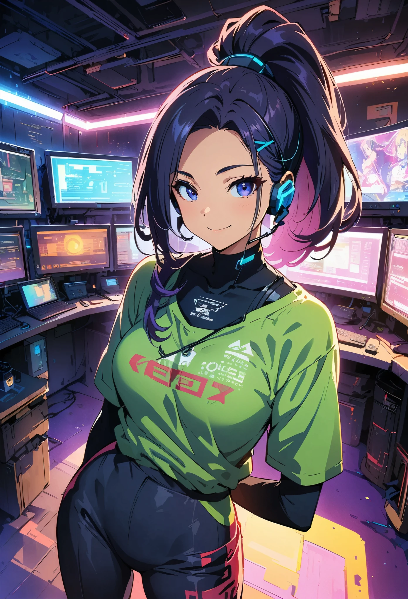 (highest quality:1.2, Very detailed, Anime Style, Digital Painting, Studio Anime, Ultra-high resolution, High Contrast, masterpiece:1.2, highest quality, Best aesthetics), 1 female, Neon City, Pink-haired woman sitting on a chair in the Operation Room, Long Hair, ponytail, cyberpunk anime, cyberpunk animeの女の子, Bodysuits, Casual wear, Neon Effect, Cyber City, headset, goggles, Detailed communication equipment, Operation Room, Complex communication network, As shown on the display々Information, Woman Turning Around, smile, Bright color palette, Studio Lighting, Wide-angle lens.