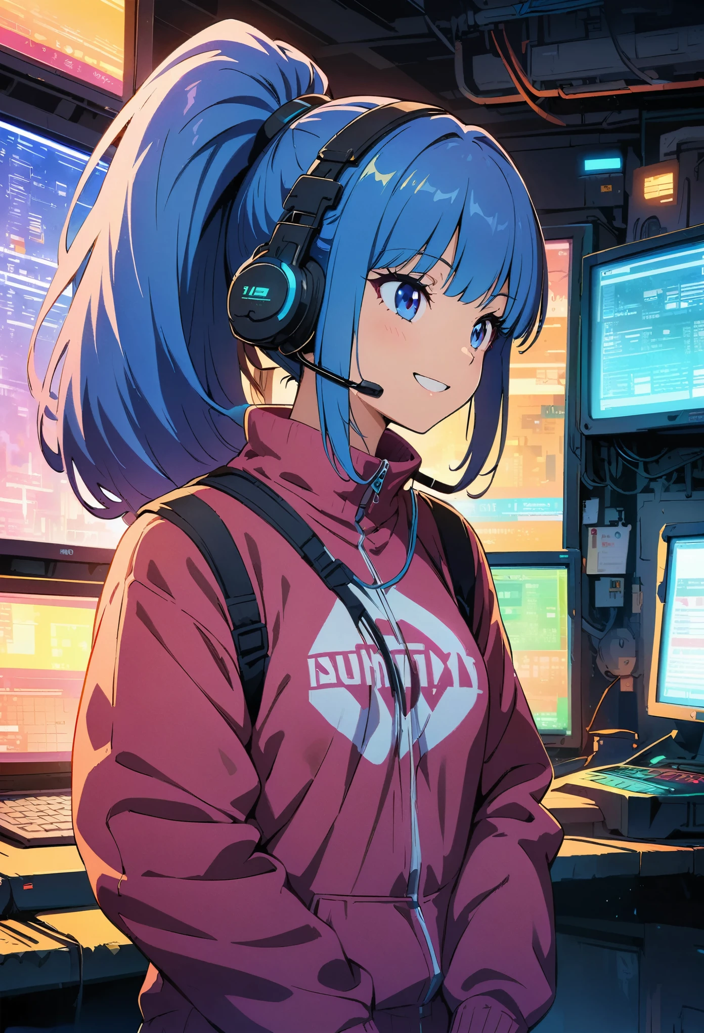 (highest quality:1.2, Very detailed, Anime Style, Digital Painting, Studio Anime, Ultra-high resolution, High Contrast, masterpiece:1.2, highest quality, Best aesthetics), 1 female, Neon City, Pink-haired woman sitting on a chair in the Operation Room, Long Hair, ponytail, cyberpunk anime, cyberpunk animeの女の子, Bodysuits, Casual wear, Neon Effect, Cyber City, headset, goggles, Detailed communication equipment, Operation Room, Complex communication network, As shown on the display々Information, Woman Turning Around, smile, Bright color palette, Studio Lighting, Wide-angle lens.