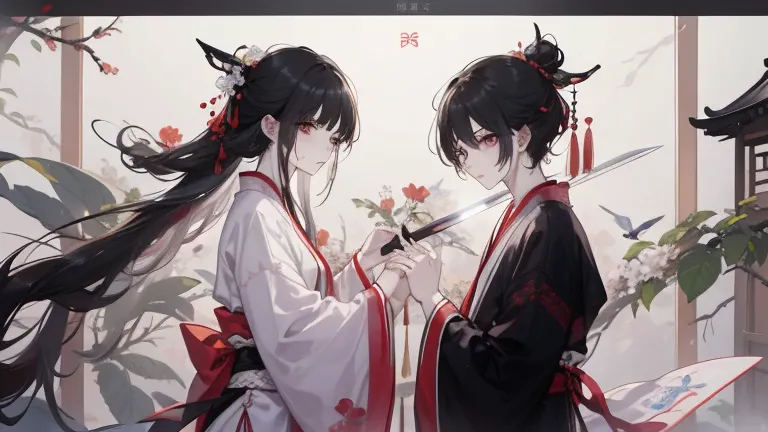 2 people,2 boys,long hair,look at each other affectionately,arms,sword,flower,hanfu,chinese painting,huaniao,ancient town,