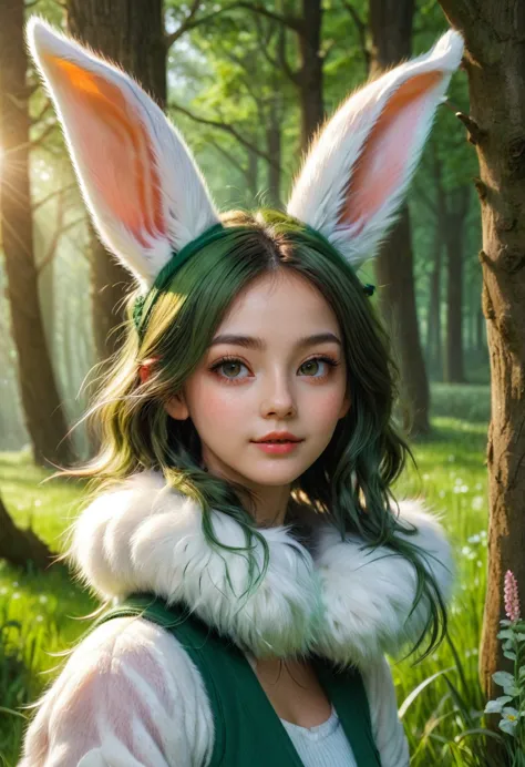 a cute girl with long fluffy rabbit ears, rabbit ears, bunny, green meadow, forest, photorealistic, highly detailed, 8k, (best q...