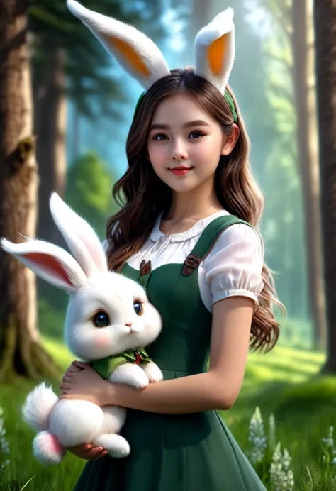 a cute girl with long fluffy rabbit ears, rabbit ears, bunny, green meadow, forest, photorealistic, highly detailed, 8k, (best q...