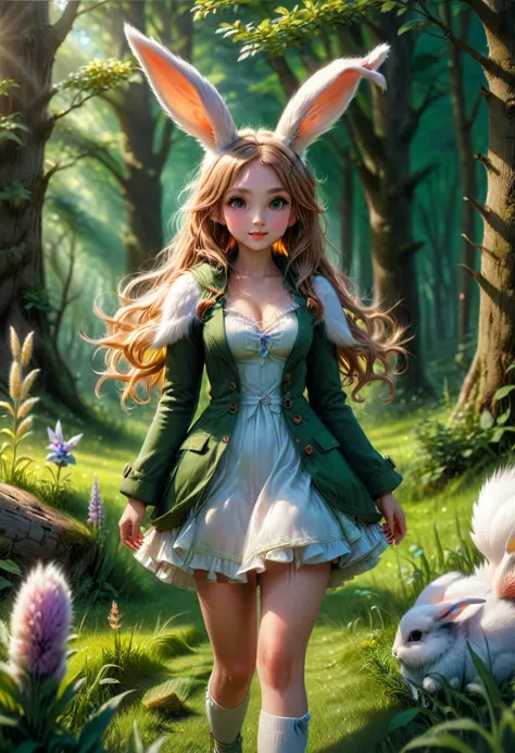 a cute girl with long fluffy rabbit ears, rabbit ears, bunny, green meadow, forest, photorealistic, highly detailed, 8k, (best q...