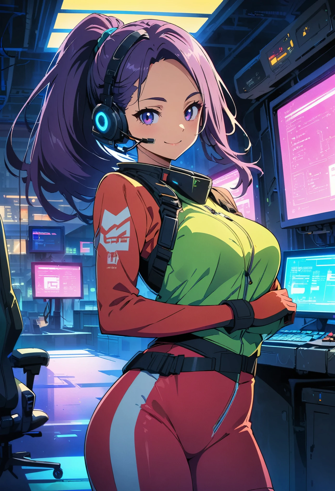 (highest quality:1.2, Very detailed, Anime Style, Digital Painting, Studio Anime, Ultra-high resolution, High Contrast, masterpiece:1.2, highest quality, Best aesthetics), 1 female, Neon City, Pink-haired woman sitting on a chair in the Operation Room, Long Hair, ponytail, cyberpunk anime, cyberpunk animeの女の子, Combat Suit, Battle Suit, Neon Effect, Cyber City, headset, goggles, Detailed communication equipment, Operation Room, Complex communication network, As shown on the display々Information, Woman Turning Around, smile, Bright color palette, Studio Lighting, Wide-angle lens.