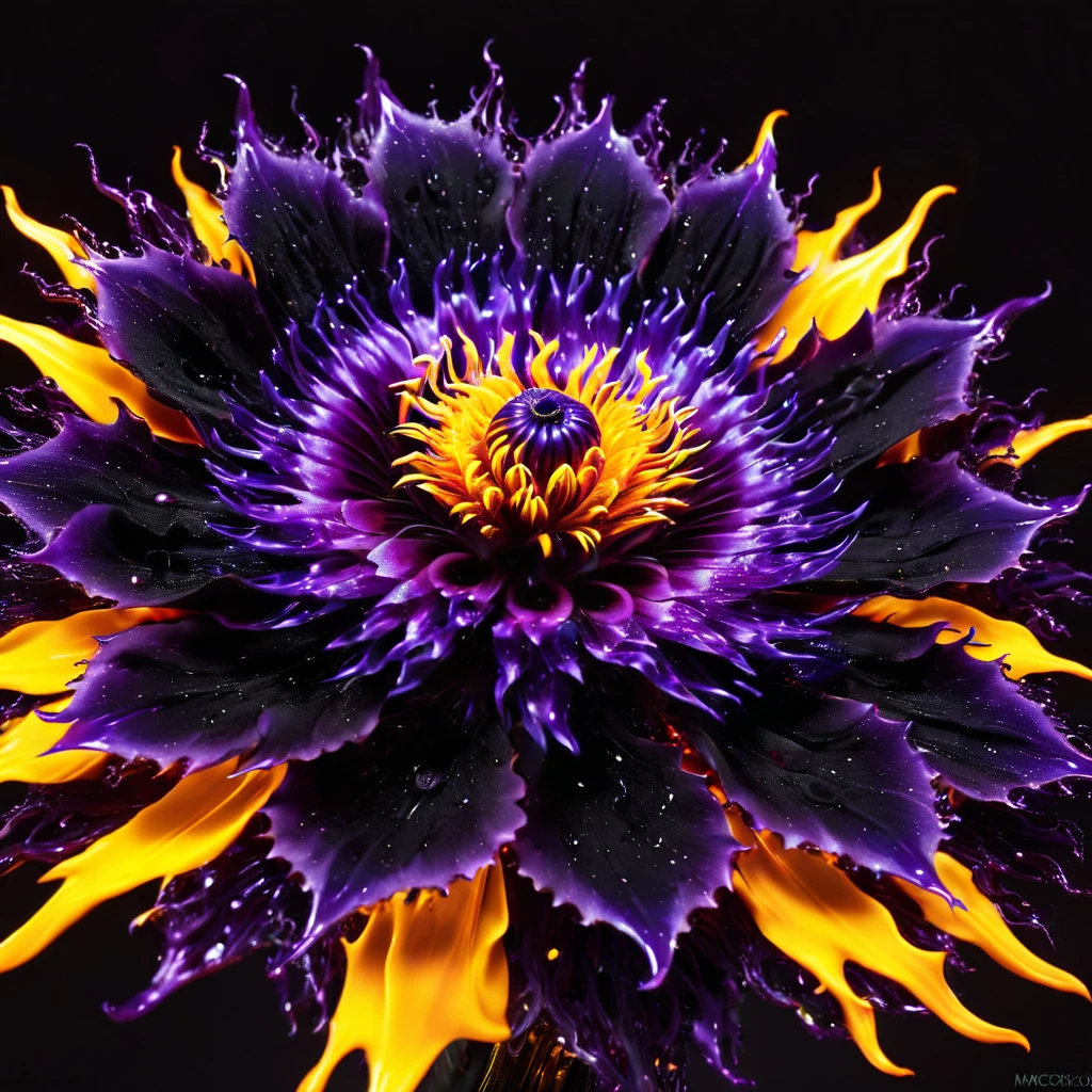 Glass purple-yellow flower morphing amidst flames, Miki Asai-inspired macro photography, sharp focus on molten edges, intricate detailing similar to Roby Dwi Antono, studio setting, trending on ArtStation, cinematic lighting, ultra fine, intricate details, highly detailed. High Resolution, High Quality, Masterpiece