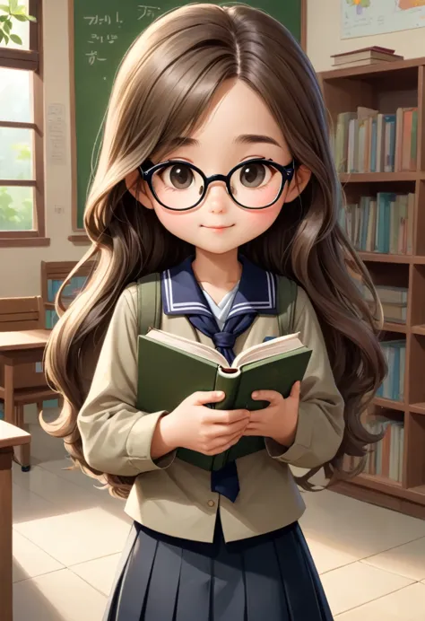 A cute cartoon girl,Long-haired,Wearing glasses,Wearing khaki Thai teacher uniform.,Wear black shoes,Holding a book in his left ...