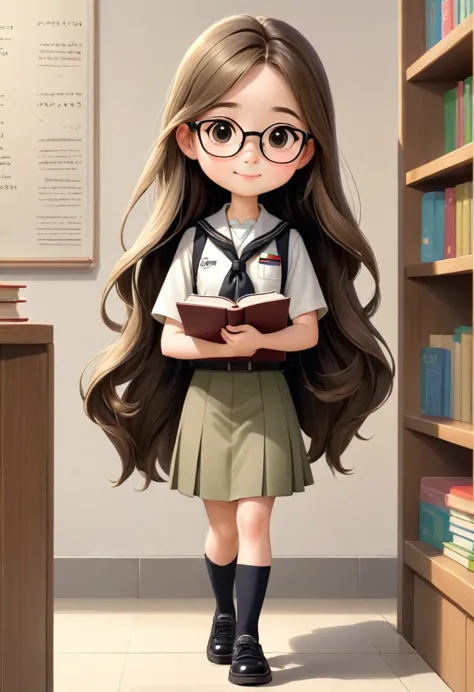 A cute cartoon girl,Long-haired,Wearing glasses,Wearing khaki Thai teacher uniform.,Wear black shoes,Holding a book in his left ...