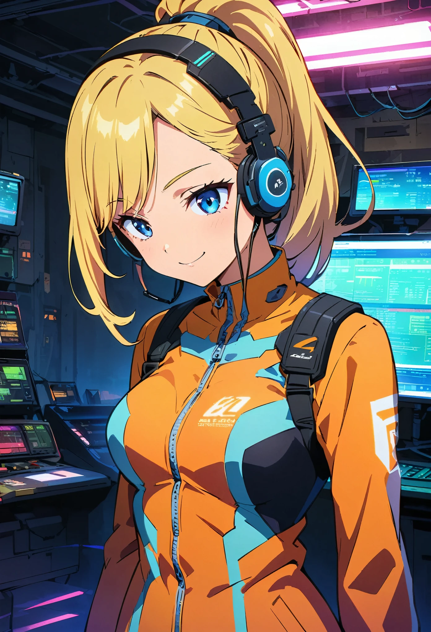 (highest quality:1.2, Very detailed, Anime Style, Digital Painting, Studio Anime, Ultra-high resolution, High Contrast, masterpiece:1.2, highest quality, Best aesthetics), 1 female, Neon City, Pink-haired woman sitting on a chair in the Operation Room, Long Hair, ponytail, cyberpunk anime, cyberpunk animeの女の子, Combat Suit, Battle Suit, Neon Effect, Cyber City, headset, goggles, Detailed communication equipment, Operation Room, Complex communication network, As shown on the display々Information, Woman Turning Around, smile, Bright color palette, Studio Lighting, Wide-angle lens.
