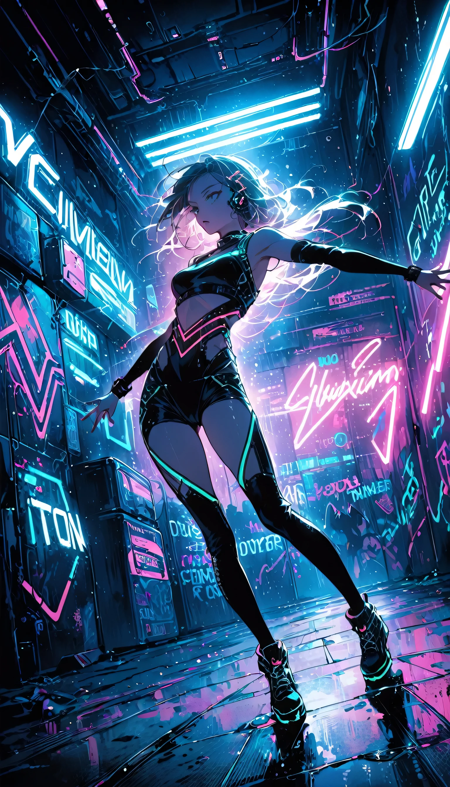 Demi-Hawks, L&#39;étalement urbain, femme, urban danse clothing, Éclairage dramatique, Contraste élevé, silhouette, digne d&#39;une affiche, mode de rue, Graffiti, Néon, ombre, Dystopie, cyberpunk, futuriste, la science-fiction, Tron, coureur de lame, Élysée, Monde occidental, Néon noir, danse, fluide, dynamique, énergie, mouvement, forme, performance.