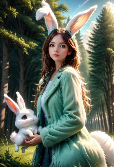 a cute girl with long fluffy rabbit ears, rabbit ears, bunny, green meadow, forest, photorealistic, highly detailed, 8k, (best q...