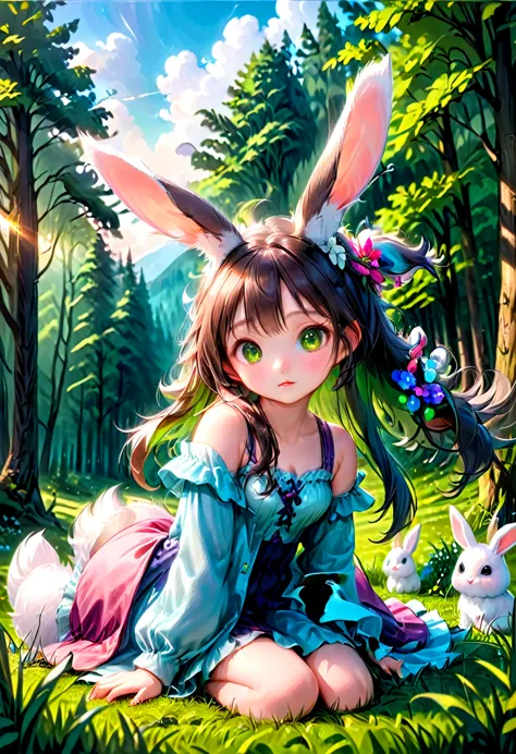 a cute girl with long fluffy rabbit ears, rabbit ears, bunny, green meadow, forest, photorealistic, highly detailed, 8k, (best q...