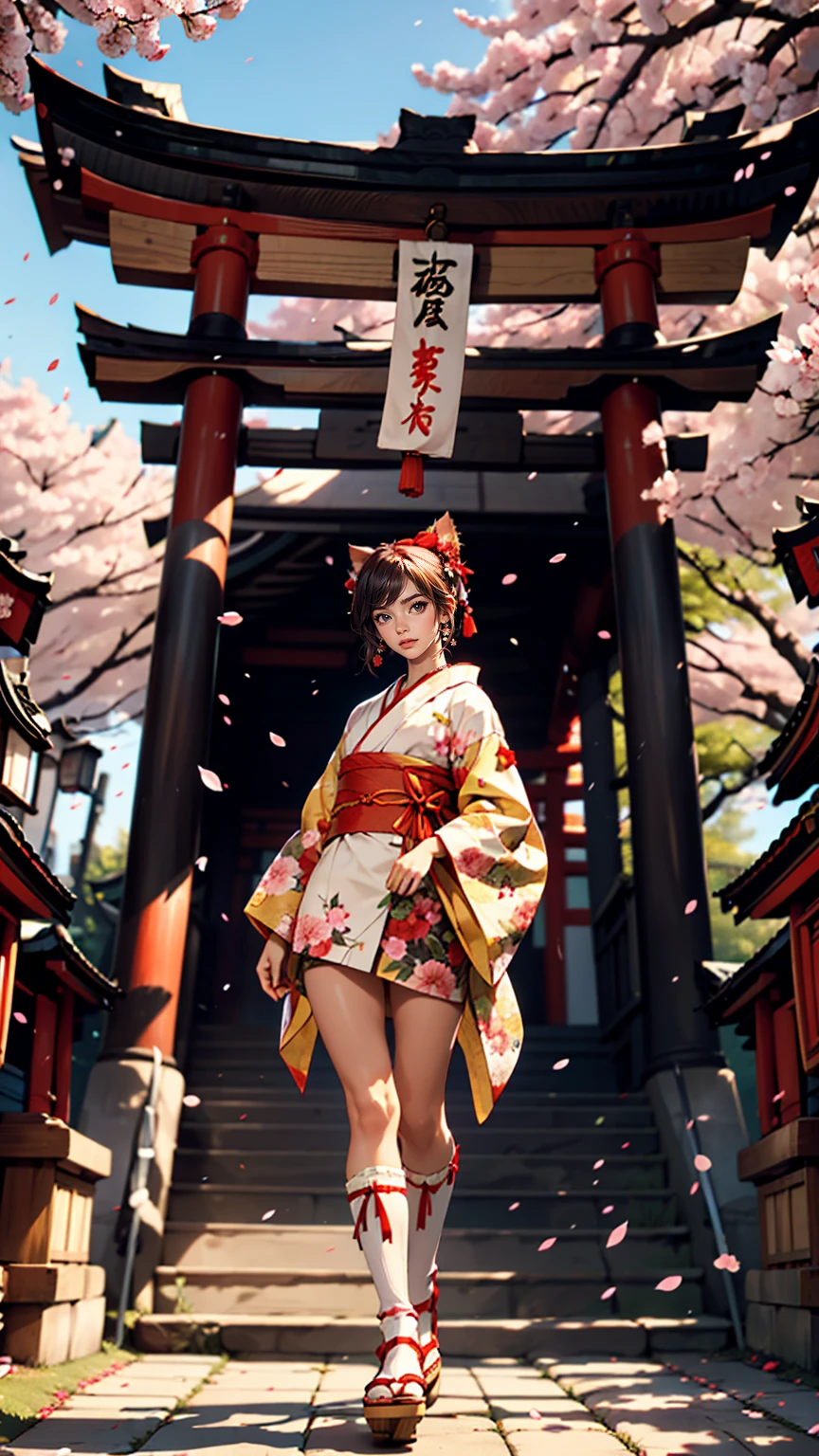 ((masterpiece,highest quality)),Outdoor, Red Torii Gate, wood,  stage,, Two Girls, Shrine maiden,Shrine maiden, View Viewer, Recall,, Red legwear, red ribbon, Black Hair,cherry blossoms, Day, flower, Hair Bun, hair ribbon, kimono, kimono, Long Hair, Cat ear, small flowers，, Multiple Girls,  Red eyes, Redhead, ribbon, Sandals, single Hair Bun, Are standing,clog Sandals,white kimono, Yellow Eyes,Shine,Knee socks,