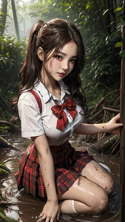 school girl in forest , tropical rainforest , waistband of skirt is at the point above chest , school girl big breast , red knot...