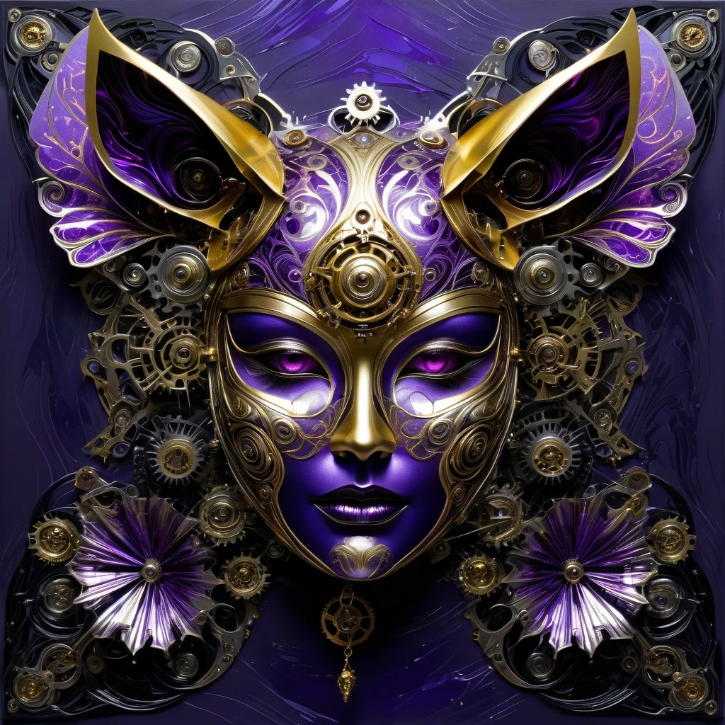 Colagem de arte em papel dobrado misturando roxo brilhante, ouro, e texturas de folha de prata, desenhos fractais abstratos inspirados na Commedia dell&#39;arte e nas máscaras venezianas, ecoando os estilos de Philippe Vignal e Takato Yamamoto, justapõe fascínio com desconforto, brilho de néon iluminando a cena, entrelaçado com pinceladas abstratas de óleo preto, engrenagens mecânicas com estética mecha, pintado com meticuloso. Alta resolução, alta qualidade, obra de arte