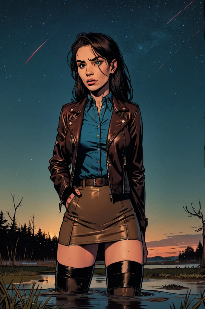 stuck in the middle of the bog, (feminine facial features), blouse, leather jacket, stockings, pencil skirt, green,red, blue, night sky