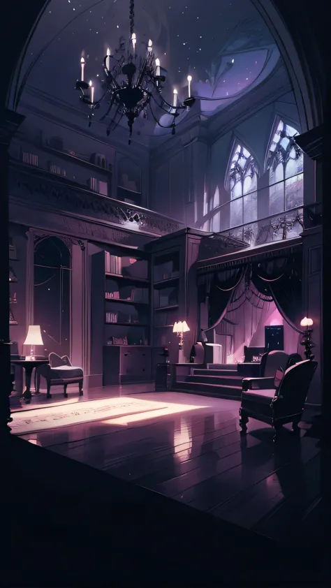 a highly detailed, gothic-style illustration of a spacious indoor room at night, with a wide composition showcasing a gothic-sty...