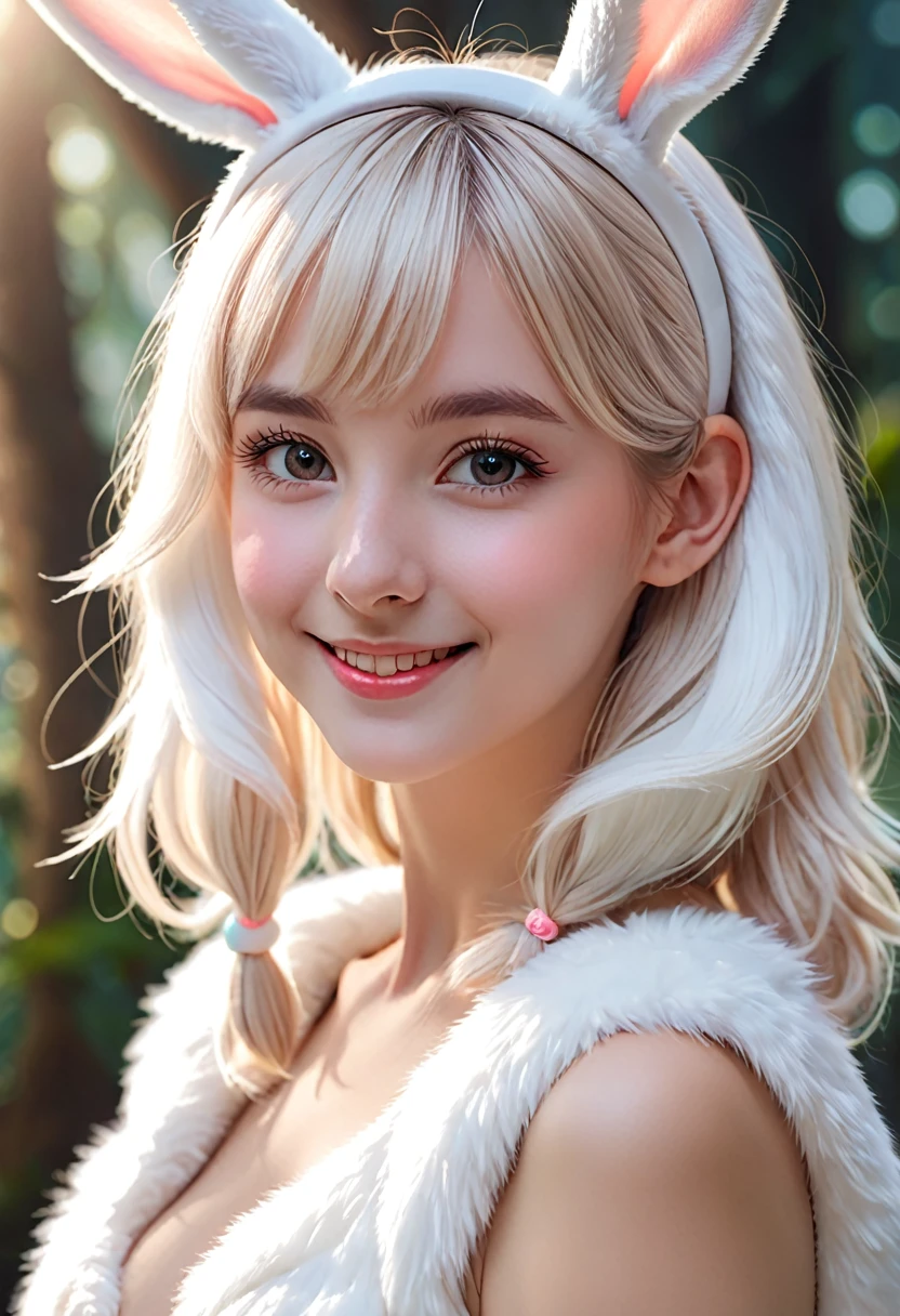 a rabbit-eared girl, 1girl, animal ear headband, cute, smiling, white rabbit ears, fluffy, white rabbit tail, pastel colors, delicate, soft lighting, ethereal, magical, fantasy, (best quality,4k,8k,highres,masterpiece:1.2),ultra-detailed,(realistic,photorealistic,photo-realistic:1.37)