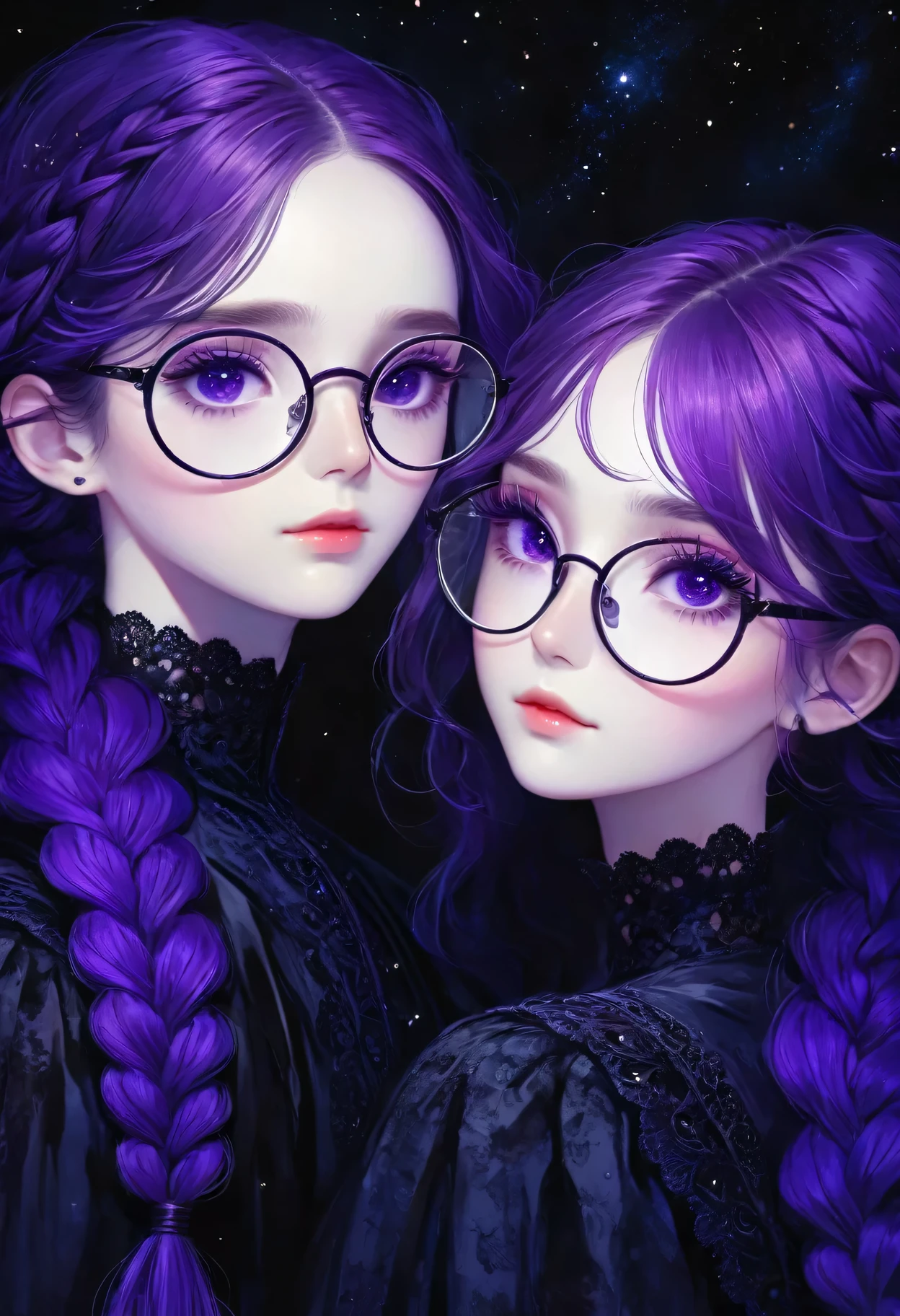 rough texture，Hand drawn style：A couple standing back to back，Fractal Art，yinji，Purple Hair，Purple Eyes，Long hair，(Double braid)，Gradient hair，Gothic style clothing，Lace，Dark Fantasy，Dramatic lighting，cinematic composition, ，Theatrical atmosphere，Chiaroscuro，Gothic，Melancholy，mystery，Ethereal atmosphere，universe，Psychedelic，dream，fear，Milky Way, Night sky, Round glasses, Star,