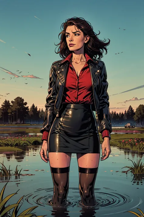 drowning in the middle of the bog, (mature facial features), blouse, leather jacket, stockings, pencil skirt, green,red, blue, e...