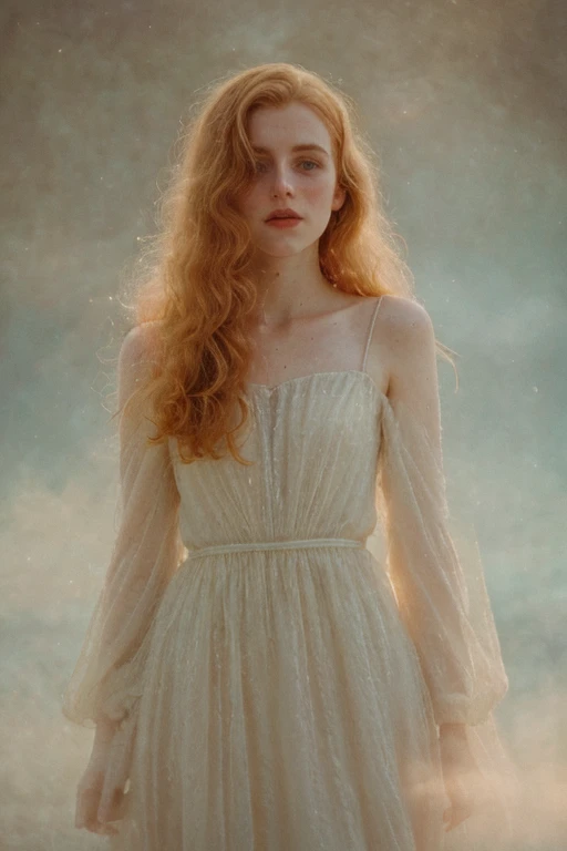 Irish), (swiss) and (Czech), 1 pale skin, voluminous strawberry blonde hair, beauty, beautiful girl, thin, skinny, beauty, beautiful girl, wearing, a ethereal dress, standing next in an avant garde hotel, ((heavy gaussian blur)), ((soft lighting)), (((extremely hazy:1.2))), ((film grain)), (extremely bright), vintage film, (dreamy atmosphere), bright vivid colors, portrait, from below shot
