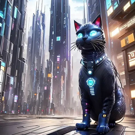 a realistic cute cyber cat, 1cat, solo, futuristic city in the background, erase other figures from background