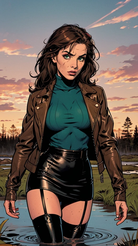 drowning in the middle of the bog, (depraved facial features), turtleneck, leather jacket, stockings with garters, pencil skirt, green,red, blue, morning sky