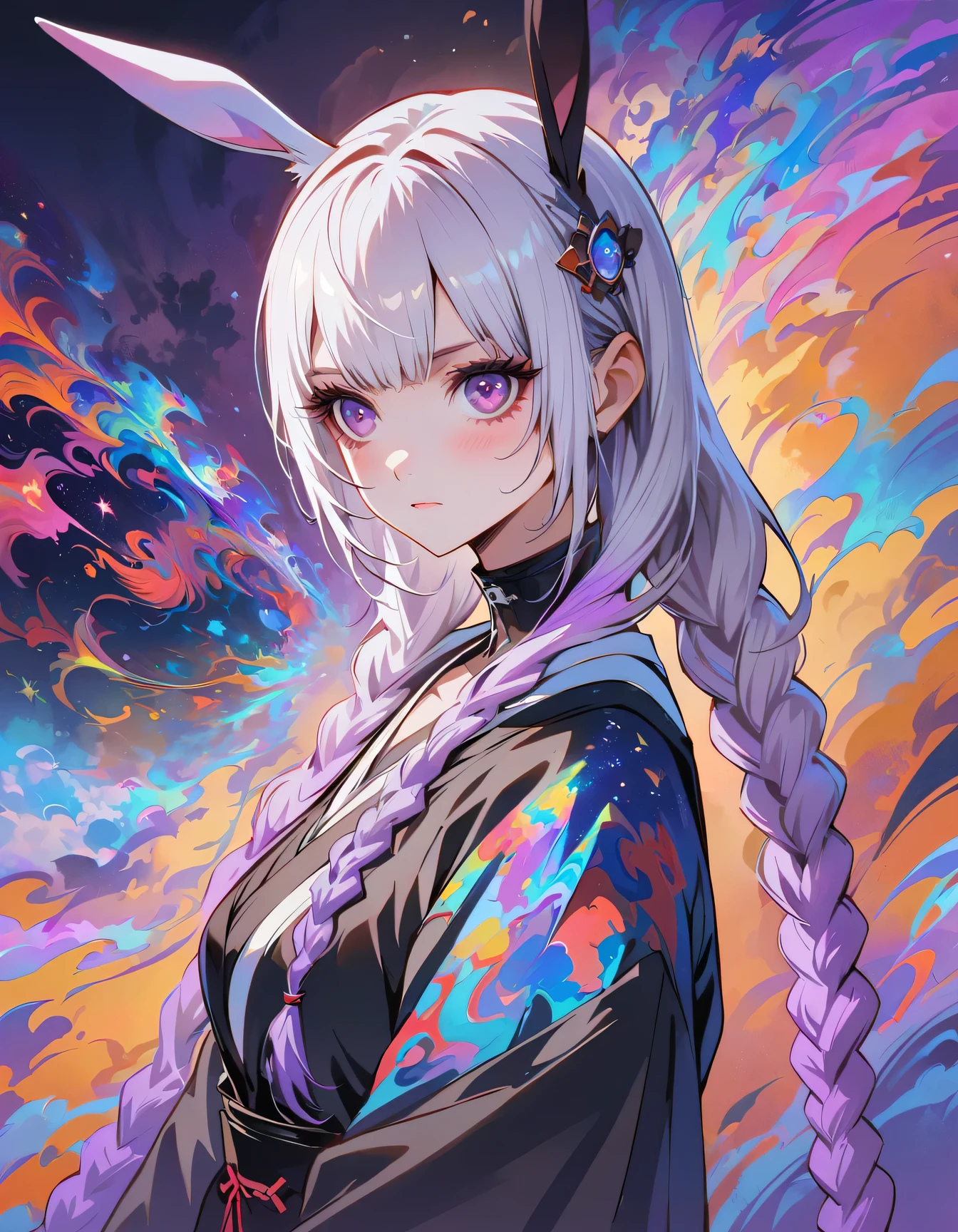 (masterpiece, best quality, official art, beauty, Gothic, Tokyo Ghoul style: 1.2), Very detailed, fractal art, Gorgeous, More detail, Zentangle, Atmospheric, cosmic, Psychedelic, dreamlike, fear, abstract background, A girl, Rabbit Ears, yinji, purple hair, purple eyes, long hair, white hair, double braids, gradient hair, Japanese folk style clothing