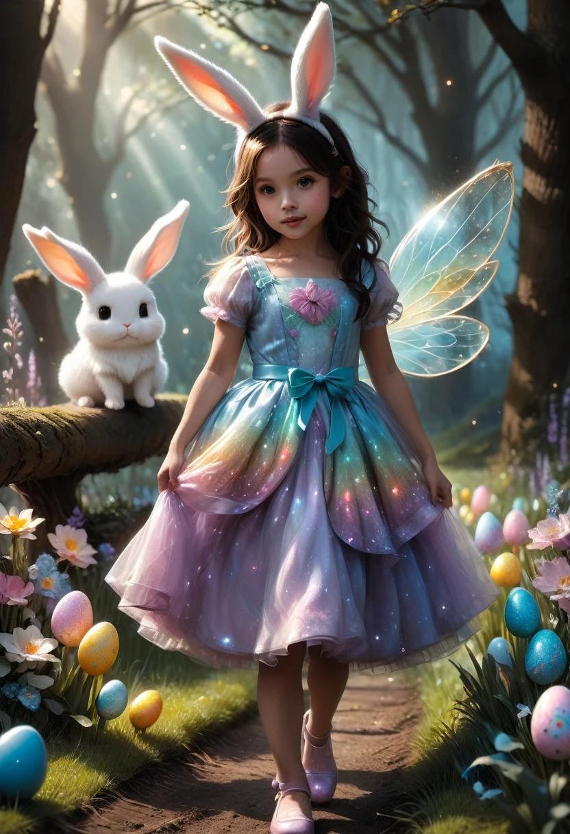 a cute girl with long fluffy rabbit ears, rabbit ears, The most beautiful amazing incredible stunning cutest baby rabbit searching for Easter eggs with a little happy human girl in an easter dress, fluffy, adorable, cute, hyperdetailed, cinematic, Easter egg hunt, sparkles, glitter, a midnight "garden covered in glitter, magic and sparks" : extreme detail : intricate motifs : by Bastien Lecouffe Deharme : jeremy mann : andree wallin : deep depth of field : bright dramatic lighting : craig mullins : radial : maximalist : deviantart : Ray Tracing : Yoshikata Amano; Edwin Landseer; Ismail Inceoglu; Russ Mills: Victo Ngai; Bella Kotak; 3d; intricate filigree : perfect composition